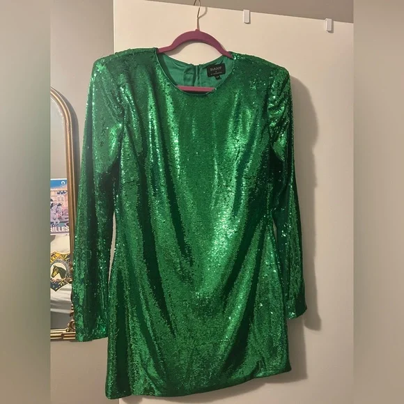 Bardot Long Sleeve Green Sequin Mini Dress Sz 12 Alessia - Picture 4 of 6